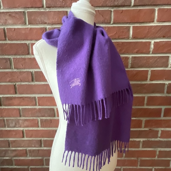 Burberry Cashmere Purple Fringed Logo Scarf Vintage 12”x 60”Made in Scotland - Picture 2 of 12